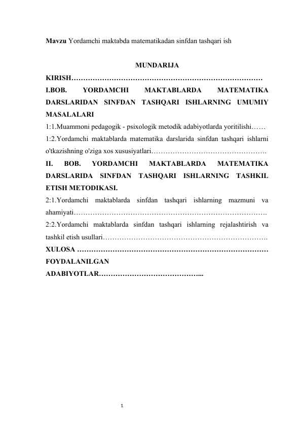 Yordamchi maktabda matematikadan sinfdan tashqari ish kurs ishi