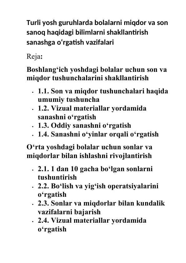 Turli yosh guruhlarda bolalarni miqdor va son sanoq haqidagi bilimlarni shakllantirish sanashga oʻrgatish vazifalari
