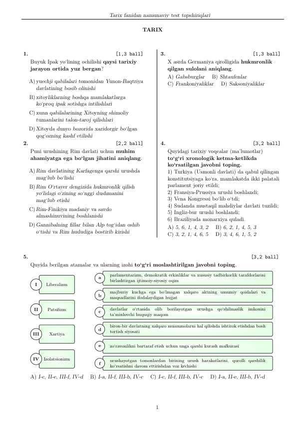 Tarix fanidan namunaviy test savollari