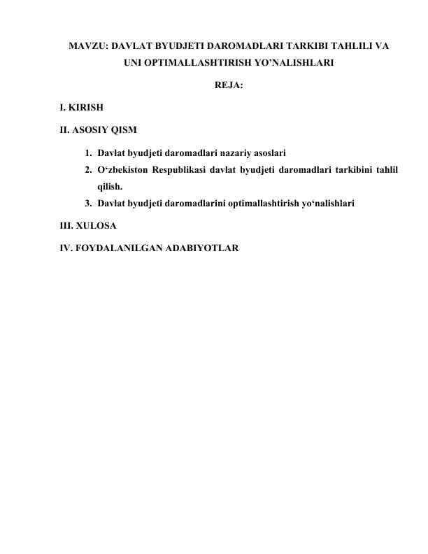 DAVLAT BYUDJETI DAROMADLARI TARKIBI TAHLILI VA UNI OPTIMALLASHTIRISH YO’NALISHLARI