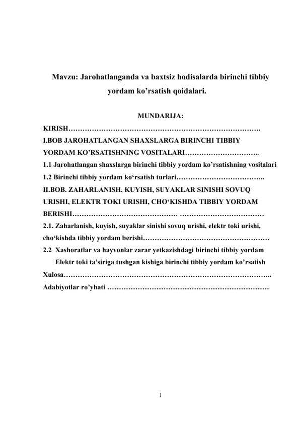 Jarohatlanganda va baxtsiz hodisalarda birinchi tibbiy yordam ko’rsatish qoidalari
