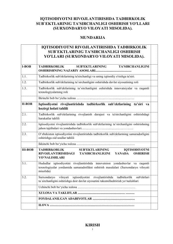 IQTISODIYOTNI RIVOJLANTIRISHDA TADBIRKOLIK SUB`EKTLARINIG TA'SIRCHANLIGI OSHIRISH YO'LLARI (SURXONDARYO VILOYATI MISOLIDA).