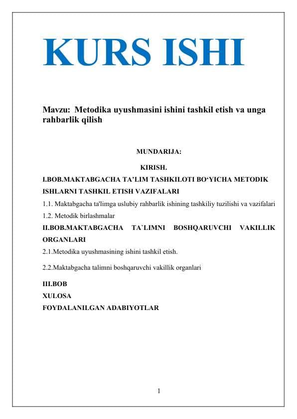 Maktabgacha talim tashkilotlarida Metodika uyushmasini ishini tashkil etish va unga rahbarlik qilish