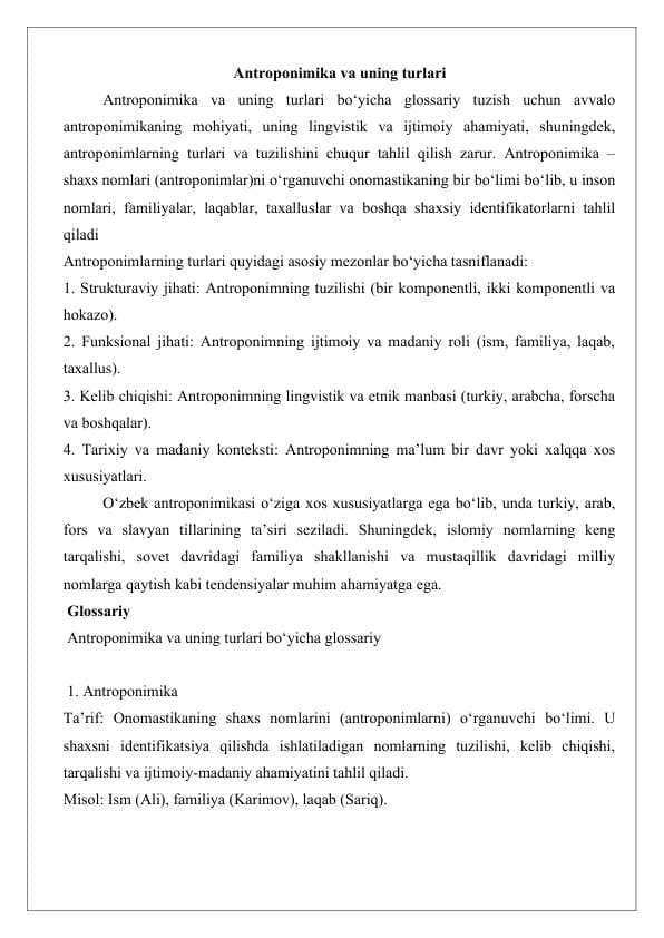 Antroponimika va uning turlari Glossariy 25