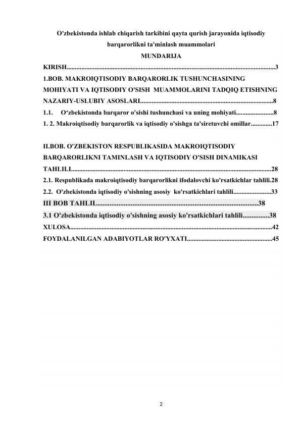 O'zbekistonda ishlab chiqarish tarkibini qayta qurish jarayonida iqtisodiy barqarorlikni ta'minlash muammolariO'zbekistonda ishlab chiqarish tarkibini qayta qurish jarayonida iqtisodiy barqarorlikni ta'minlash muammolari