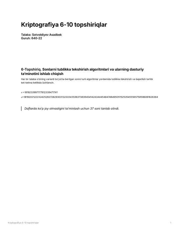 Kriptografiya 6-10 amaliy topshiriqlar