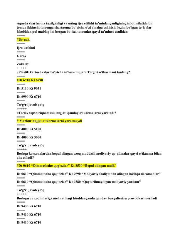 Buxgalteriya hisobi fanining dasturiy komplekslari fanidan yakuniy savollari.
