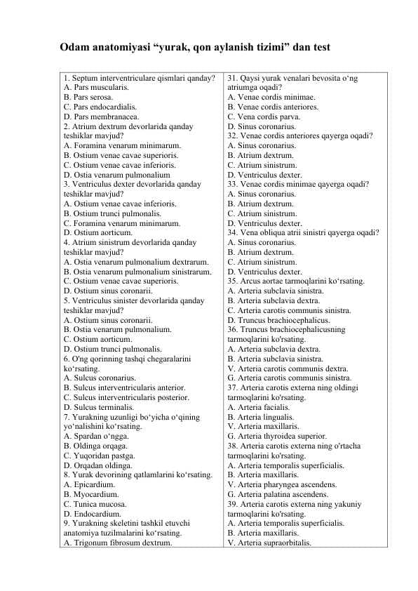Yurak, qon aylanish sistemasi Test 60 ta