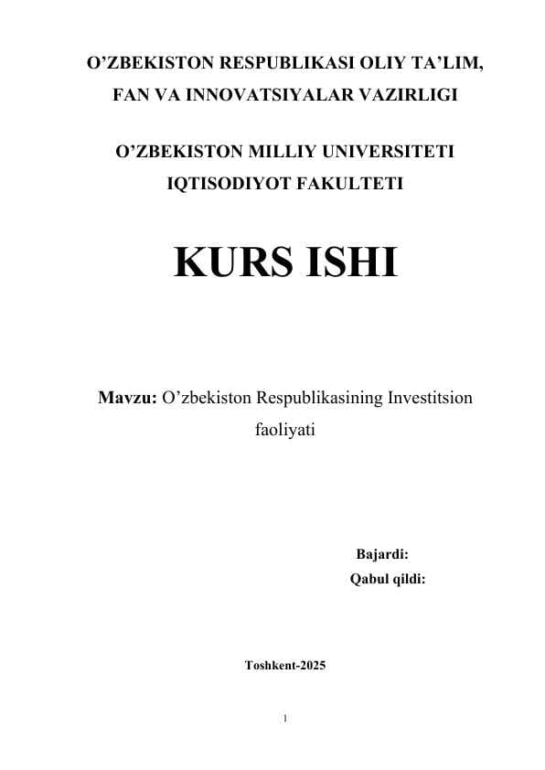 O’zbekiston Respublikasining Investitsion faoliyati