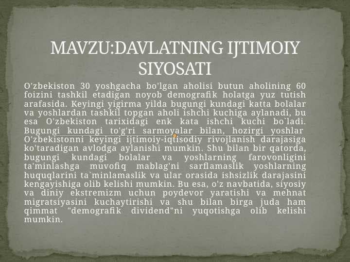 ozbekiston davlatining ijtimoiy siyosati