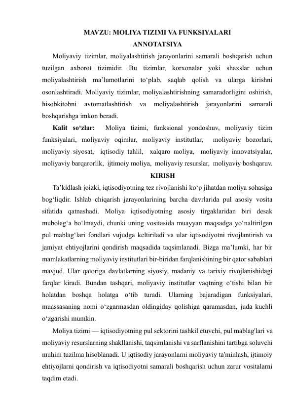 MOLIYA TIZIMI VA FUNKSIYALARI