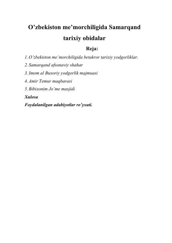 O’zbekiston me’morchiligida Samarqand tarixiy obidalari