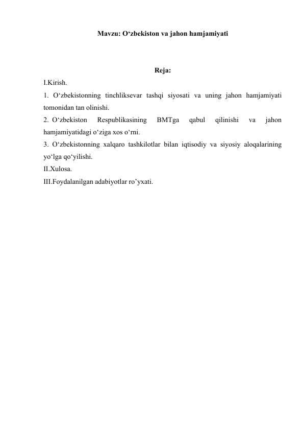 O‘zbekiston va jahon hamjamiyati