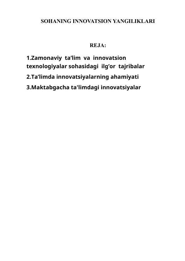 SOHANING INNOVATSION YANGILIKLARI