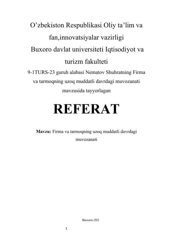 Firma va tarmoqning uzoq muddatli davrdagi muvozanati mustaqil ish