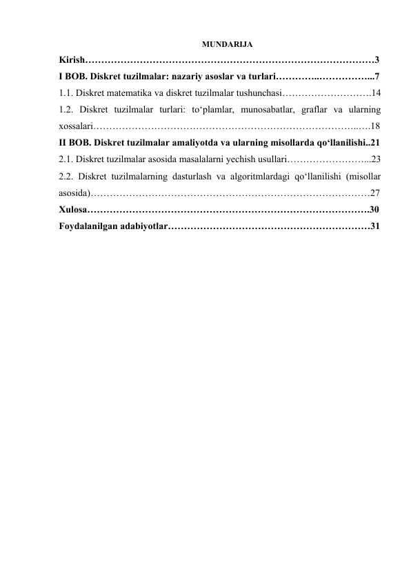 Diskret tuzilmalar. Diskret tuzilmalar amaliyotda va ularning misollarda qo‘llanilishi