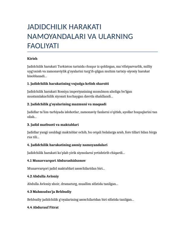 JADIDCHILIK HARAKATI NAMOYANDALARI VA ULARNING FAOLIYATI