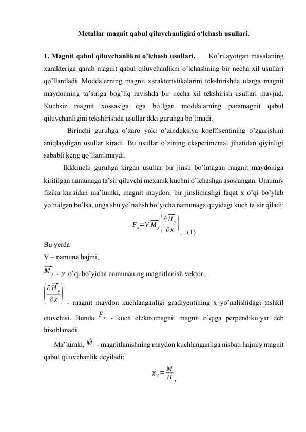 Metallar magnit qabul qiluvchanligini o‘lchash usullari