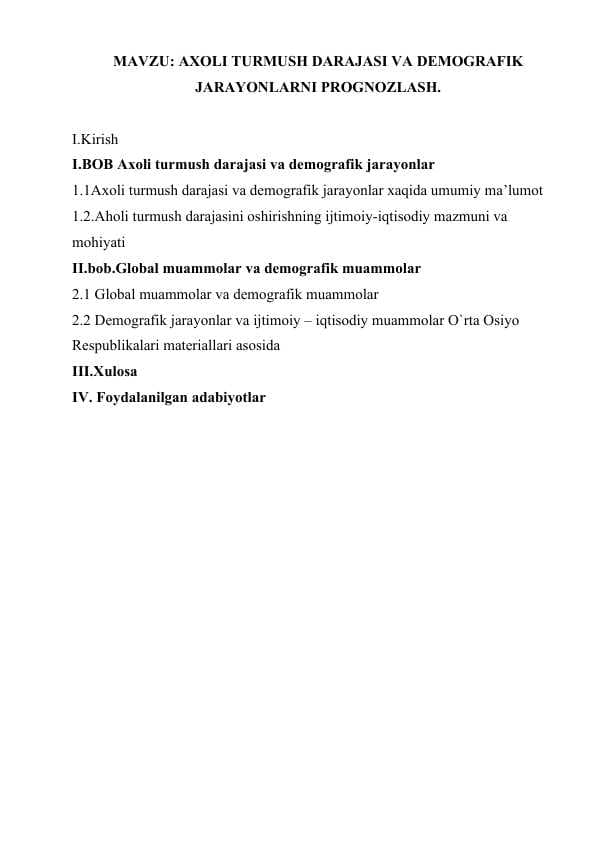 AXOLI TURMUSH DARAJASI VA DEMOGRAFIK JARAYONLARNI PROGNOZLASH.
