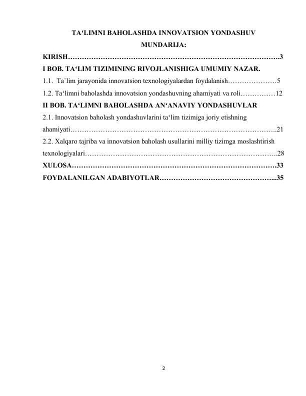TAʻLIMNI BAHOLASHDA INNOVATSION YONDASHUV