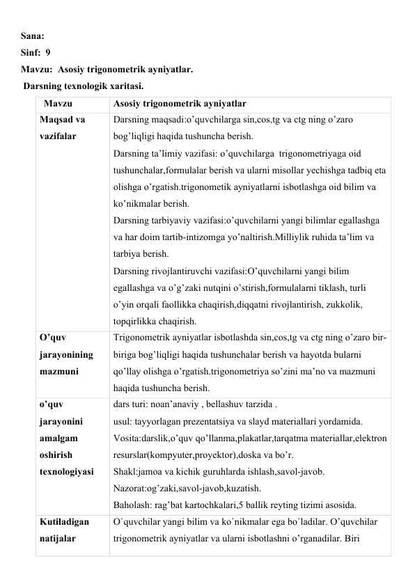asosiy trigonometrik ayniyatlar mavzusida dars ishlanma