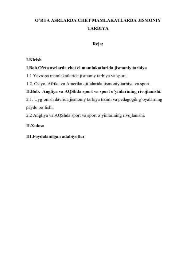 O’RTA ASRLARDA CHET MAMLAKATLARDA JISMONIY  TARBIYA