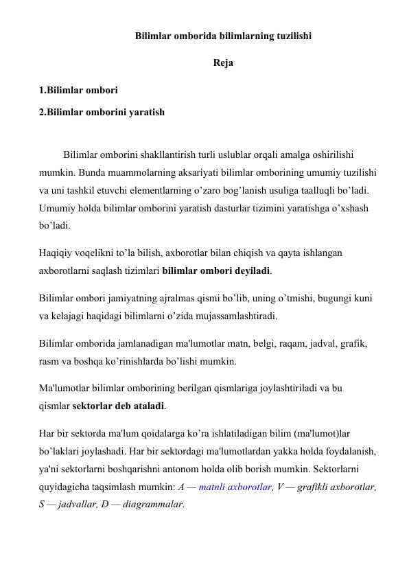 Bilimlar omborida bilimlarning tuzilishi