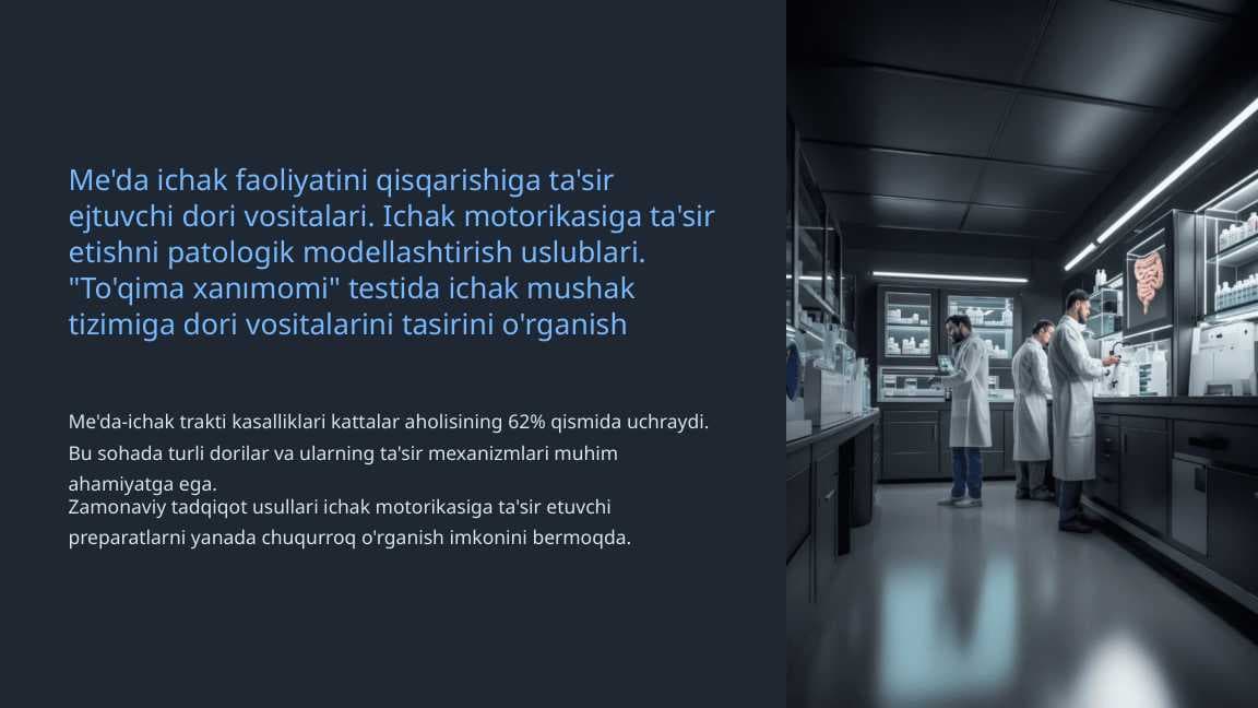 Me'da ichak faoliyatini qisqarishiga ta'sir ejtuvchi dori vositalari. Ichak motorikasiga ta'sir etishni patologik modellashtirish uslublari. "To'qima xanımomi" testida ichak mushak tizimiga dori vositalarini tasirini o'rganish