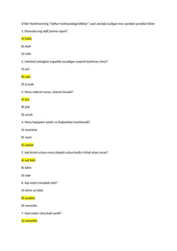Adabiyot / Asarlar / Oʻtkir Hoshimovning “Daftar hoshiyasidagi bitiklar” asari asosida tuzilgan test savollari javoblari bilan