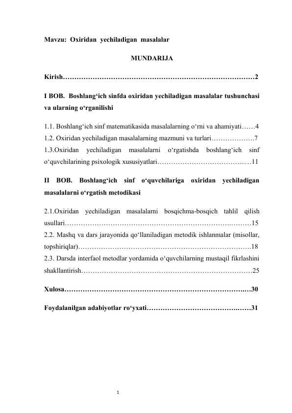 Oxiridan  yechiladigan  masalalar kurs ishi