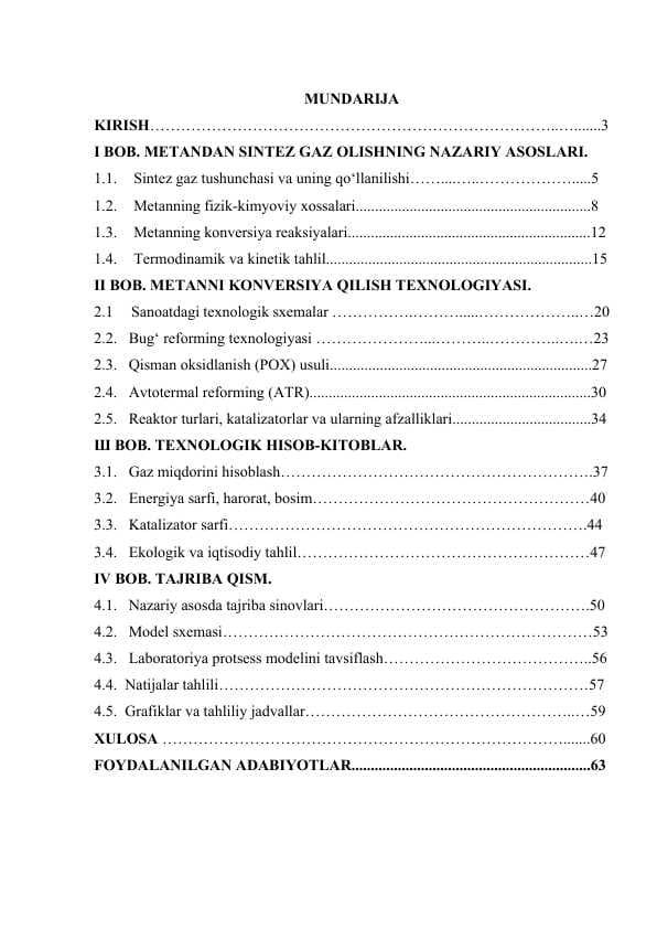 "Konversiya usulida metandan sintez gaz olishning kimyoviy va texnologik asoslari (Diplom ishi)"