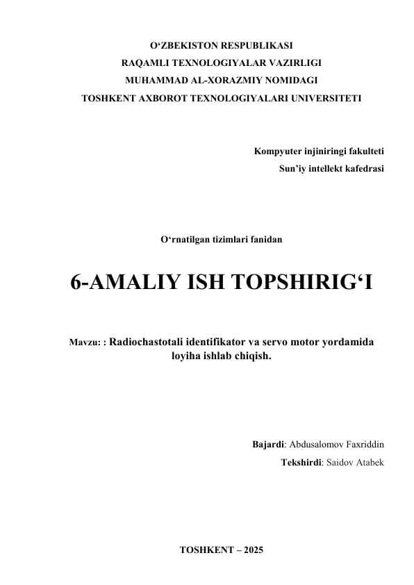 Radiochastotali identifikator va servo motor yordamida loyiha ishlab chiqish.