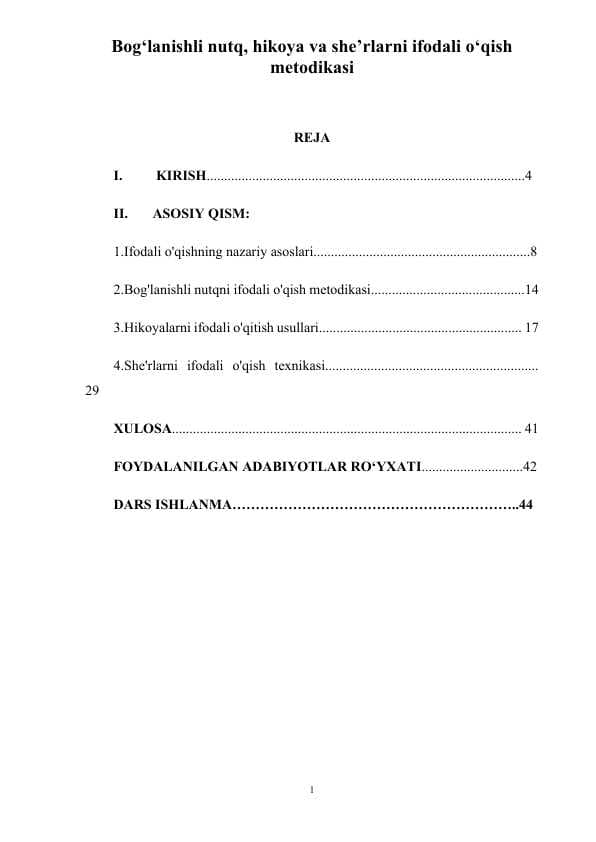 Bog‘lanishli nutq, hikoya va she’rlarni ifodali o‘qish metodikasi