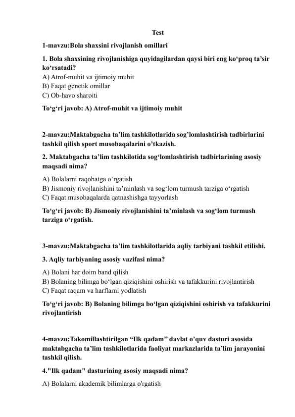 TEST.Maktabgacha ta'lim yo'nalishi uchun