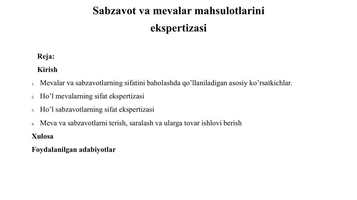 Sabzavot va mevalar mahsulotlarini  ekspertizasi