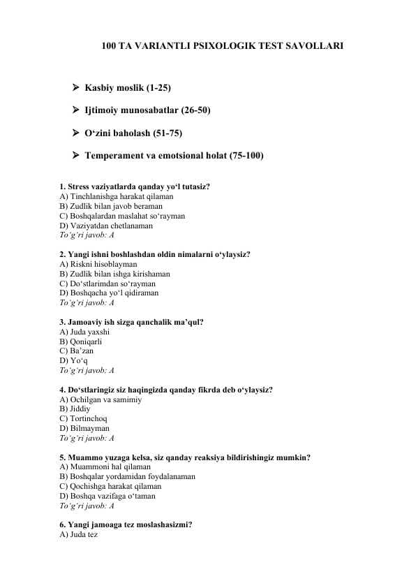 Ichki ishlarga kiruvchilar uchun psixologik testlar, javoblari bilan