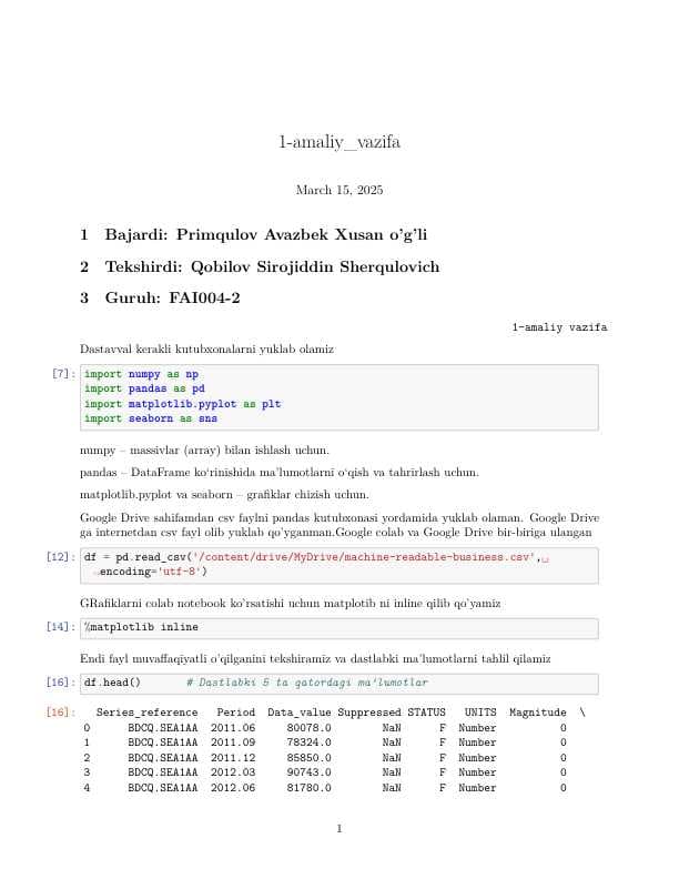 Python va AI kutubxonalari bilan ishlash, ma’lumotlarni tahlil qilish va vizuallashtirish