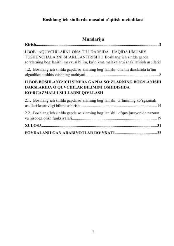 Boshlang`ich sinflarda masalani o’qitish metodikasi