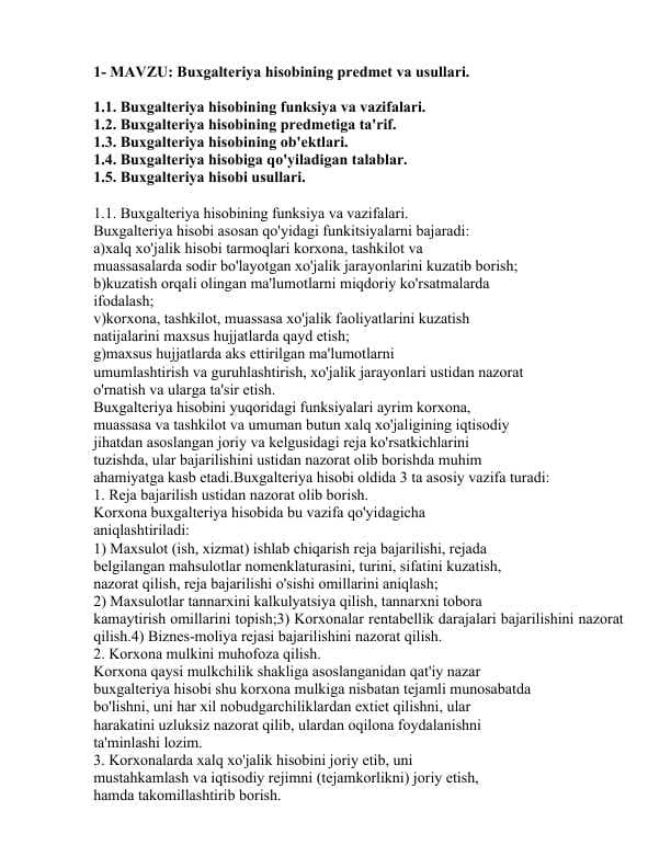 Buxgalteriya hisobining predmet va usullari.