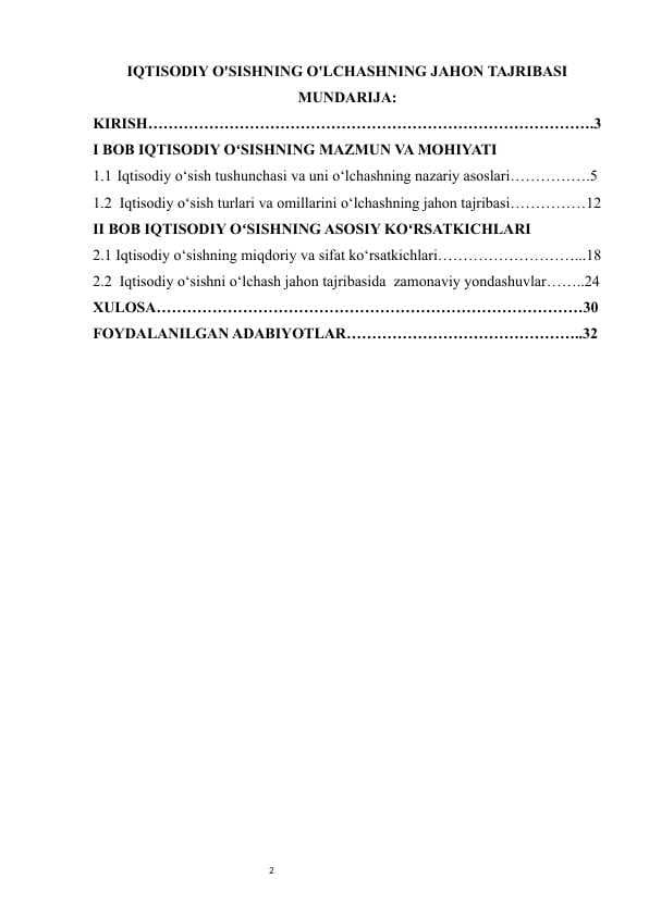 IQTISODIY O'SISHNING O'LCHASHNING JAHON TAJRIBASI