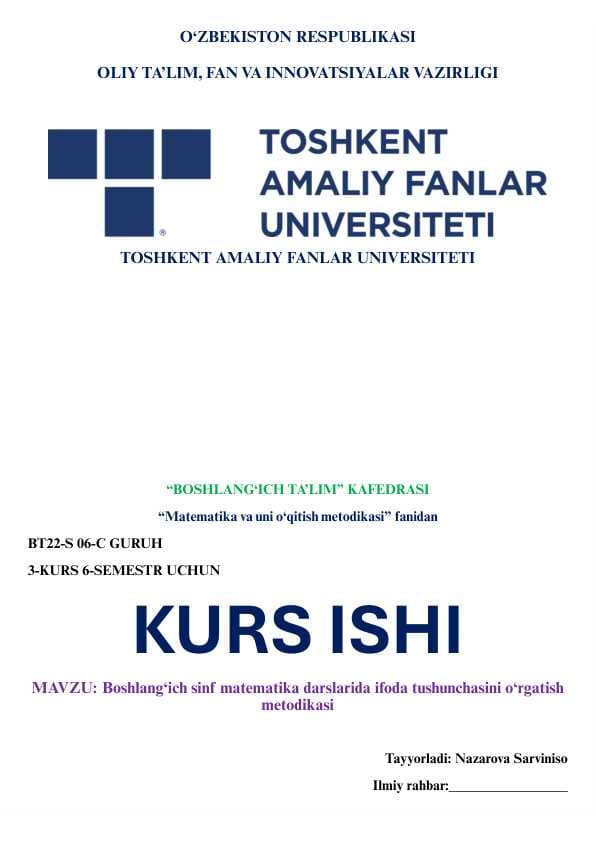 Boshlang‘ich sinf matematika darslarida ifoda tushunchasini o‘rgatish 
metodikasi