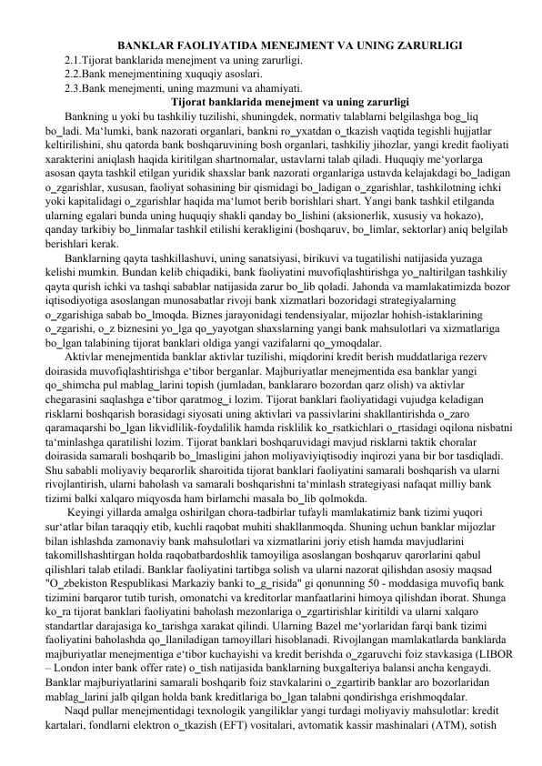 Banklar faoliyatida menejment va uning zarurligi