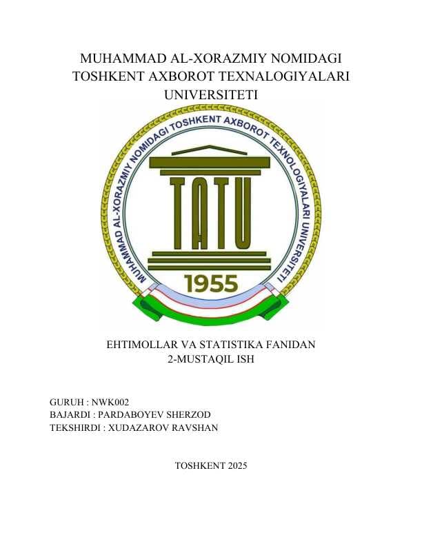 TANLANMANI BOSHLANG‘ICH STATISTIK TAHLILI