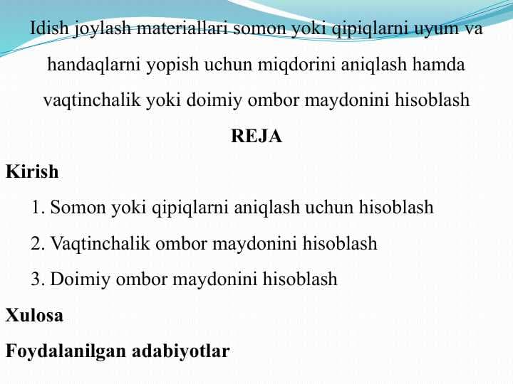 Idish joylash materiallari somon yoki qipiqlarni uyum va handaqlarni yopish uchun miqdorini aniqlash hamda vaqtinchalik yoki doimiy ombor maydonini hisoblash uyum va handaqlarni yopish uchun miqdorini aniqlash hamda vaqtinchalik yoki doimiy uyum va handaqlarni yopish uchun miqdorini aniqlash hamda vaqtinchalik yoki doimiy ombor maydonini hisoblash uyum va handaqlarni yopish uchun miqdorini aniqlash usullari uyum