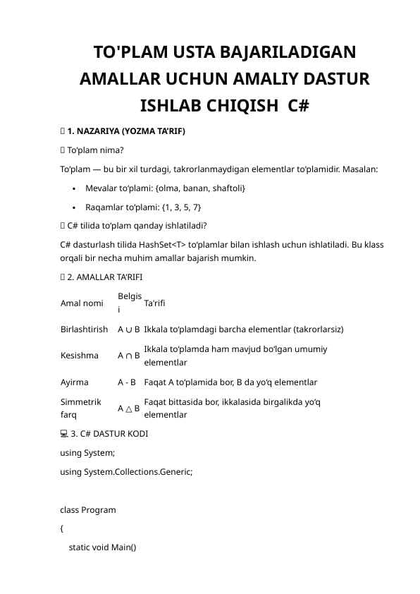 TO'PLAM USTA BAJARILADIGAN AMALLAR UCHUN AMALIY DASTUR ISHLAB CHIQISH  C#