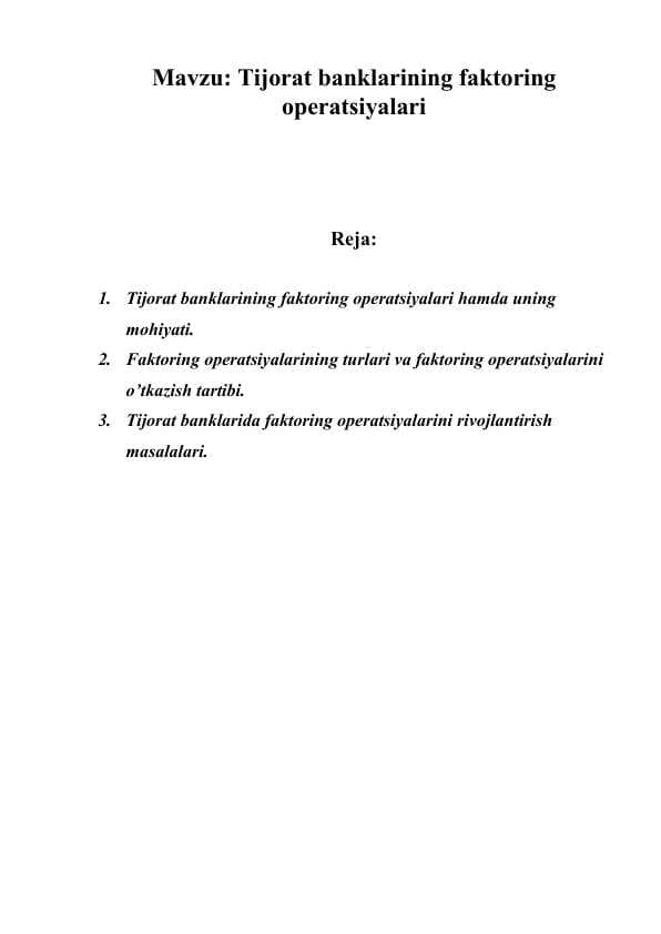 Tijorat banklarining faktoring operatsiyalari