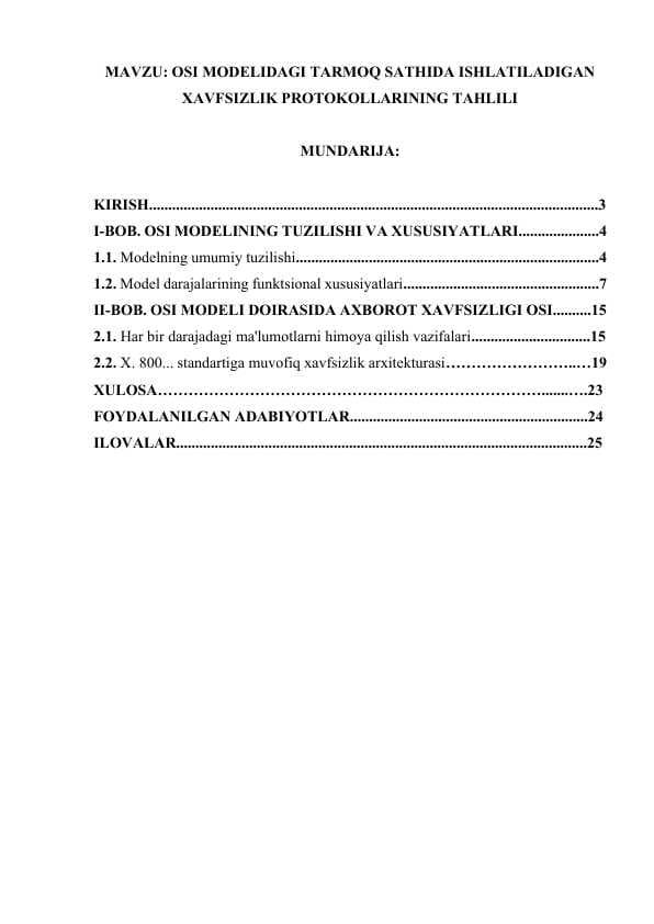 OSI MODELIDAGI TARMOQ SATHIDA ISHLATILADIGAN XAVFSIZLIK PROTOKOLLARINING TAHLILI.docx