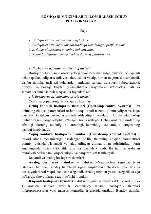 BOSHQARUV TIZIMLARINI LOYIHALASH UCHUN PLATFORMALAR