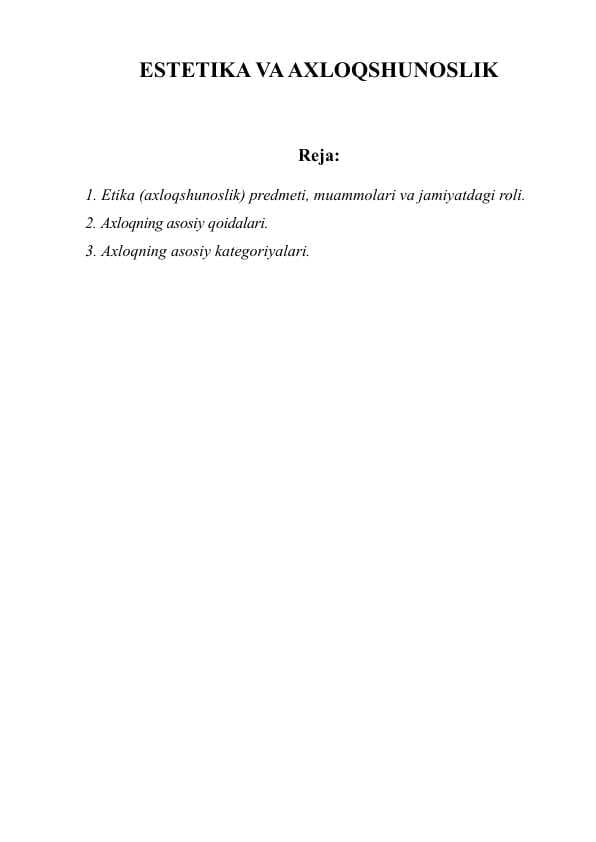 ESTETIKA VA AXLOQSHUNOSLIK