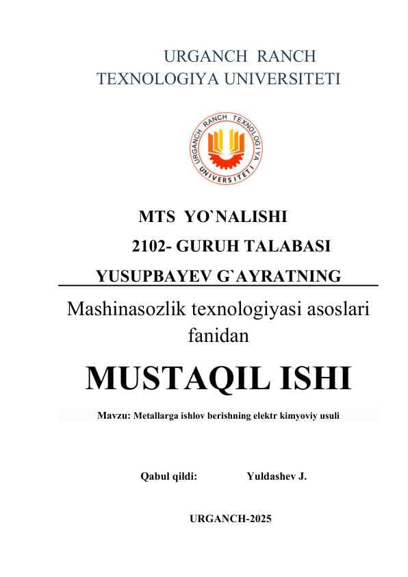Metallarga ishlov berishning elektr kimyoviy usuli